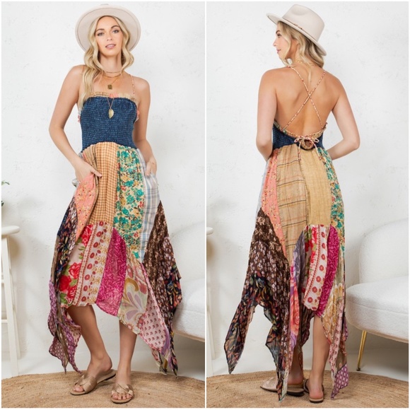 Boho Floral Patchwork Colorful Pockets Handkerchief Denim Dress